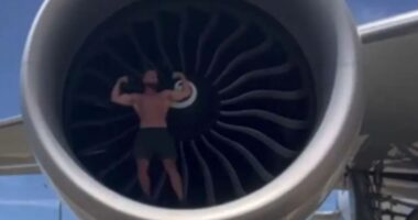 Shock moment bodybuilder influencer climbs into plane’s ENGINE to flex muscles and do push-ups in hugely dangerous stunt