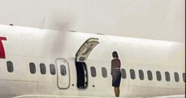 Shocking moment air stewardesses pose for SELFIES on plane wing after opening emergency door during runway delay