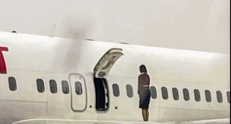 Shocking moment air stewardesses pose for SELFIES on plane wing after opening emergency door during runway delay