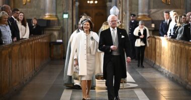 Swedish royals beam as they attend Council of State meeting for Princess Sofia and Prince Carl Philip's newborn baby - as her adorable name is revealed