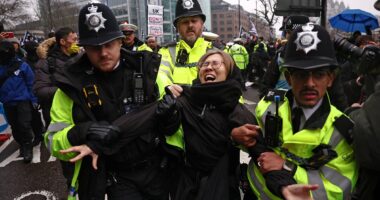 Tom Tugendhat says allowing Chinese 'mega-embassy' in London would be a 'grave mistake' - as two are arrested during protest outside