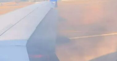 United Airlines plane catches FIRE during take-off as terrified passengers scream ‘get us out’ before flight evacuated