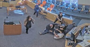 Video captures courtroom brawl as two men attack murder suspect during hearing