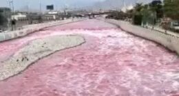 Watch as chilling footage shows major river mysteriously turn BLOOD RED – but officials insist: ‘You can drink it’