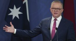 Australian Prime Minister Anthony Albanese gestures during a press conference in Sydney, Australia, Thursday, Dec. 12, 2024.