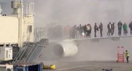 American Airlines plane erupts in flames at Denver Airport as terrified passengers are forced to escape onto wing