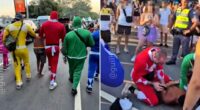 Bizarre moment cops dressed as Power Rangers arrest suspect at carnival as hunt for accomplice on the run continues