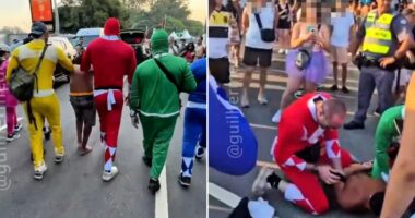 Bizarre moment cops dressed as Power Rangers arrest suspect at carnival as hunt for accomplice on the run continues