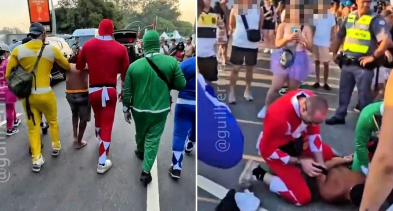 Bizarre moment cops dressed as Power Rangers arrest suspect at carnival as hunt for accomplice on the run continues