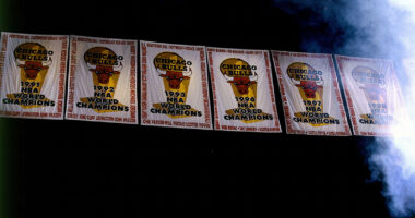 Chicago Bulls championship banners damaged by Disturbed heavy metal rock concert fire pyrotechnics at United Center