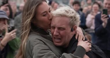 Exhausted Jamie Laing breaks down in tears and is comforted by wife Sophie Habboo as he COMPLETES gruelling 150-mile Ultra Marathon challenge and raises over £2M for Comic Relief: 'This is unbelievable!'