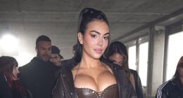 Georgina Rodriguez puts on a busty display in a leather corset as she joins Leighton Meester and Olivia Palermo at Elie Saab Paris Fashion Week show