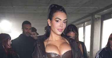 Georgina Rodriguez puts on a busty display in a leather corset as she joins Leighton Meester and Olivia Palermo at Elie Saab Paris Fashion Week show