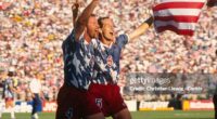 Alexi Lalas and Thomas Dooley (USA) celebrate a 2-1 victory over Colombia during a first round match of the 1994 FIFA World Cup. (Photo by Christian Liewig/TempSport/Corbis via Getty Images)