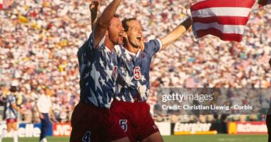 Alexi Lalas and Thomas Dooley (USA) celebrate a 2-1 victory over Colombia during a first round match of the 1994 FIFA World Cup. (Photo by Christian Liewig/TempSport/Corbis via Getty Images)