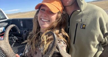 Samantha Strable and her Aussie boyfriend Louis Sixt pictured on a hunting expedition prior to fleeing Australia