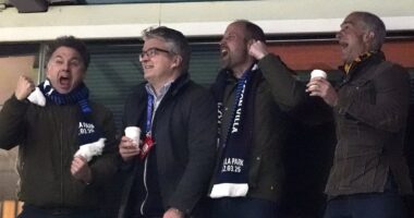 Prince William punches the air as his beloved Aston Villa win in Champions League - saying 'see you in Paris' as he hopes they will reach final