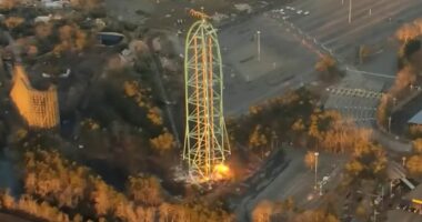 Shocking moment former world's tallest roller-coaster IMPLODES after troubled history