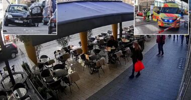 Terrifying moment shoppers leap out of the way as car speeds down the street in Mannheim - seconds before driver mowed down a crowd and killed two 