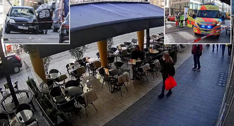 Terrifying moment shoppers leap out of the way as car speeds down the street in Mannheim - seconds before driver mowed down a crowd and killed two 