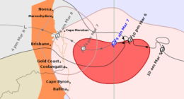 Cyclone Alfred forecast track map issued about 4am AEST on Friday, March 7, 2025.