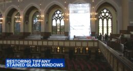 Work begins to restore window designed by Louis Comfort Tiffany, donated by Marshall Field family at Second Presbyterian Church