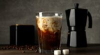 Glass with iced coffee drink, coffee maker, coffee bean and sugar on gray background