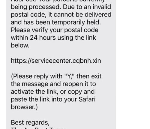 Fraudulent texts and emails appearing to be from Australia Post ﻿claim a failed delivery due to an invalid postcode.