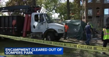 Chicago crews clear out last tents of homeless encampment at Gompers Park, near Pulaski Road, Bryn Mawr Avenue, in North Park
