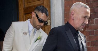 Fat Tony is married! DJ, 58, exchanges vows with Stavros Agapiou, 32, in front of celebrity friends Boy George, Claire Sweeney and Davina McCall