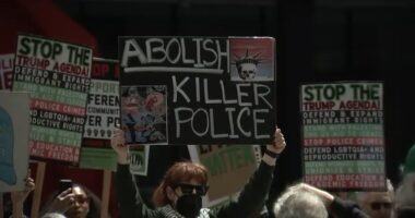 George Floyd day of action protest in Federal Plaza, downtown Chicago commemorates 5 years since of police brutality murder