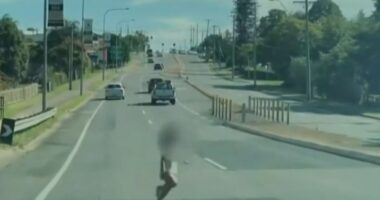 Heart-stopping moment nappy-wearing toddler dashes into dual carriageway leaving cars braking & swerving to avoid her