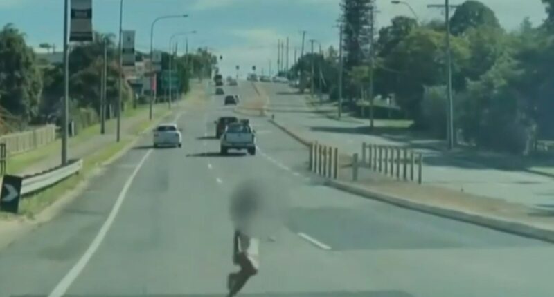 Heart-stopping moment nappy-wearing toddler dashes into dual carriageway leaving cars braking & swerving to avoid her