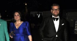 James Corden carries pal Ruth Jones' shoes while Claudia Winkleman kicks off her heels as they lead the stars leaving the BAFTA TV Awards