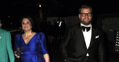 James Corden carries pal Ruth Jones' shoes while Claudia Winkleman kicks off her heels as they lead the stars leaving the BAFTA TV Awards