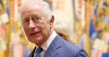 King Charles and Queen Camilla pose with their official Coronation state portraits as artwork is unveiled at the National Gallery
