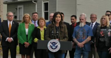 Kristi Noem, secretary of the Department of Homeland Security, attacks Gov. JB Pritzker, sanctuary policies in Springfield, IL