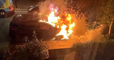 Moment car explodes on road where Keir Starmer's £2m home was 'targeted in arson attack' - as counter-terror cops quiz suspect, 21, over fires