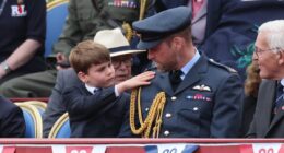Prince Louis keeps his dad William looking sharp at VE Day celebrations by brushing off his uniform