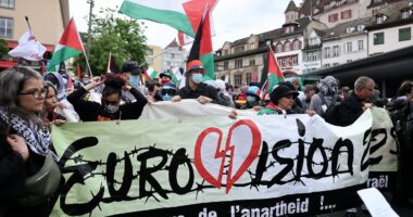 Pro-Palestine demonstrators march on Eurovision: Israeli massacre survivor singer faces barrage of hate as politically charged contest gets underway