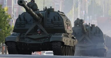 Putin and President Xi watch Russia's Victory Day Parade in Moscow as Ukraine says it 'cannot guarantee the safety' of those attending - and experts warn of WW3 'in one year'