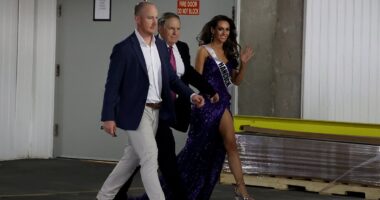 Sour-faced Bill Belichick and Jordon Hudson make a swift exit from Miss Maine pageant after snub from judges