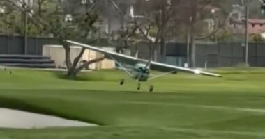 Terrifying moment plane crashes at iconic Riviera Country Club in shock emergency landing as golfers left stunned