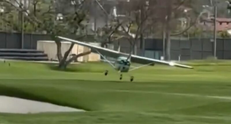 Terrifying moment plane crashes at iconic Riviera Country Club in shock emergency landing as golfers left stunned