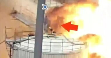 Watch moment worker runs for his life & dodges death by just inches as chemical tanks explode around him killing five