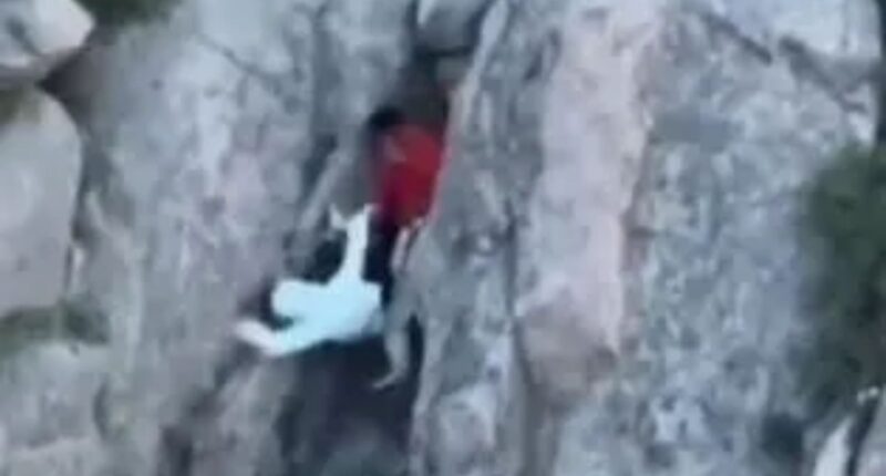 Watch shock moment couple cheat death as they fall off 5,000ft mountain while taking risky shortcut to avoid queue