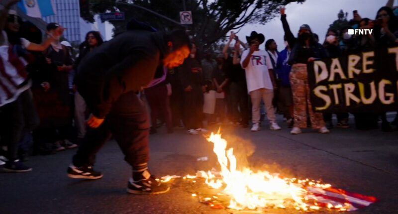 Anti-ICE protesters in Los Angeles spit on and burn American flag