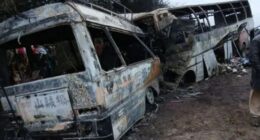 At least 40 killed as two buses crash and burst into flames – leaving terrified passengers trapped inside vehicles