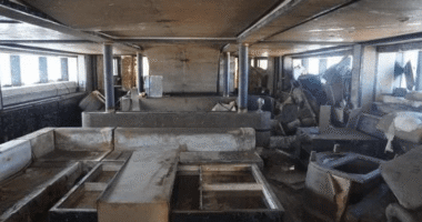 Bayesian’s interior finally revealed as luxury superyacht turned into chaotic mess after being raised from seabed