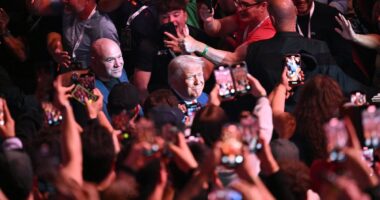 Donald Trump arrives at UFC 316 with one-man entourage Dana White months after sitting cageside with Elon Musk
